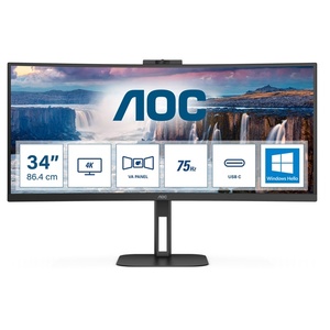 CU34V5CW/BK - AOC CU34V5CW/BK - 34" WQHD incurvé 1500R 21:9 1ms VA webcam - HDMI, DP et USB-C (DP alt mode et PD 65W)